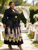 Robes pour femmes élégantes de haute qualité à manches longues imprimées de fleurs avec ceinture, taille plus, robes décontractées simples pour femmes