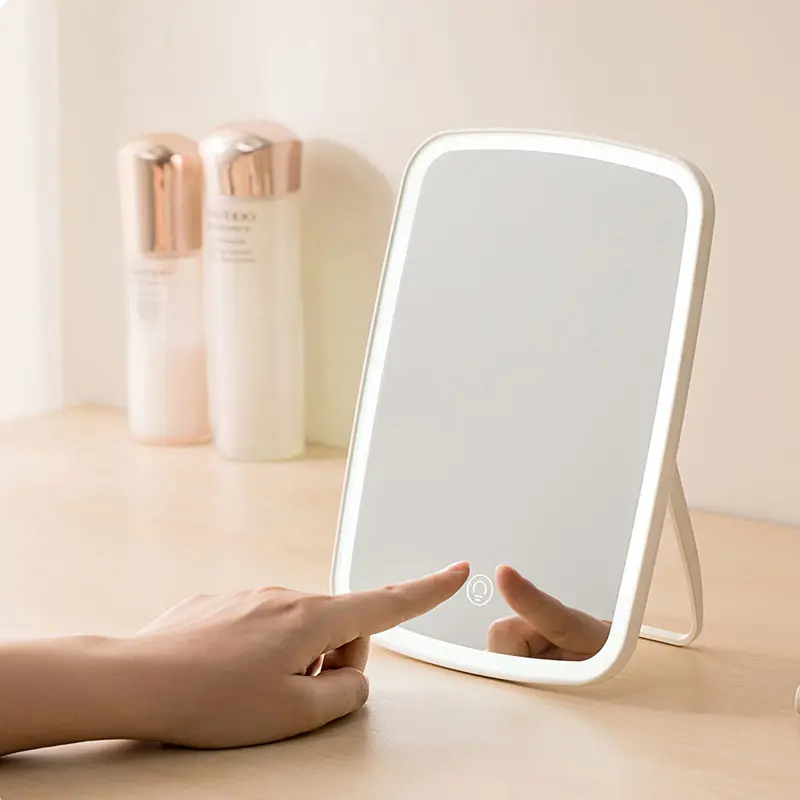 Cermin meja rias LED layar sentuh portabel, kecerahan dapat diatur USB dapat diisi ulang cermin kosmetik cermin meja