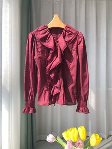 Blusa de algodón plisada con cuello en V, estilo vintage, de encaje, color liso, con pliegues de organza, estilo francés romántico, resistente, para mujer - Product Image 6