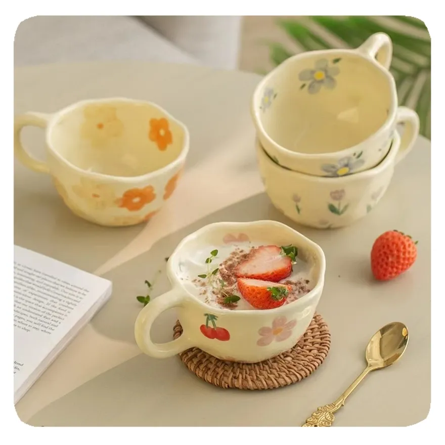 New Hot Sale Ins Irregular Hand Painted Flower Ceramic Mug Creative Coffee Cups Handmade Ceramics 2024