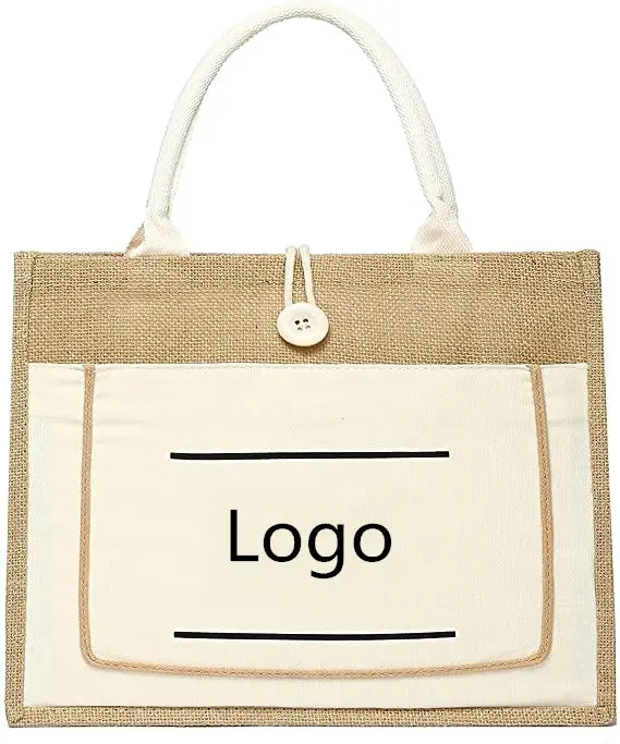 2023 Wholesale customizable Eco Friendly Jute Beach tote Bag for Women Natural Gunny Reusable Grocery shopping Bag with Handle