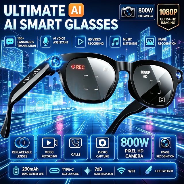 CY03Smart Camera Glasses  Connect 8MP HD Photo 1080P HD Video Recording AI Assistant Wifi Translation Type C Charging