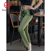 Jean en denim vert olive taille basse pour femme, coupe droite, très extensible, coupe ample, ourlet évasé vintage, style urbain, grandes tailles