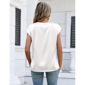 Chemisier en satin de soie pour femme, col en V, manches courtes, style professionnel décontracté, printemps-été - Product Image 6