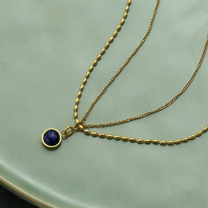 American Retro Gold Rice Bead Double-layer Necklace Natural Stone Agate Pendant Clavicle Chain <b>Titanium</b> Steel Plating 18K Gold - Product Image 4