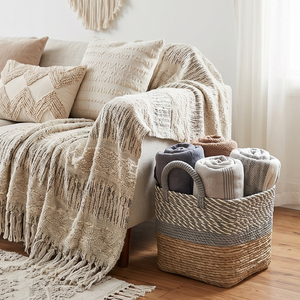 Two-Tone Woven Seagrass <b>Storage</b> <b>Basket</b> with Handles, Square <b>Wicker</b> <b>Shelf</b> Organizer Bin for Closet and Living Room - Product Image 4
