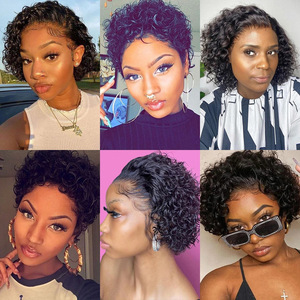 Perruque Pixie Cut, cheveux humains bouclés, coupe Pixie courte, nœuds blanchis, dentelle frontale, 13x4, perruque Pixie avec cheveux <span class=keywords><strong>de</strong></span> bébé - Product Image 2