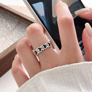 Yinruitai S925 Sterling <b>Silver</b> Black Glazed Heart Shaped Open <b>Ring</b> For Women <b>Adjustable</b> Everyday Wear Jewelry - Product Image 1