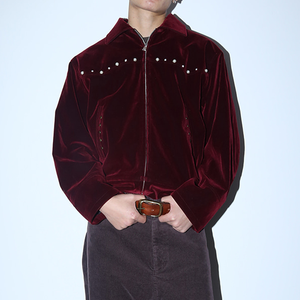 OEM Custom Wholesale <b>Mens</b> Burgundy <b>Velvet</b> Zip Up <b>Jacket</b> Retro Lapel Collar Pearls Rivet Decorated Cropped <b>Velvet</b> Coat Streetwear - Product Image 3