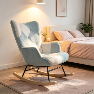 <span class=keywords><strong>Fauteuil</strong></span> à <span class=keywords><strong>bascule</strong></span> moderne en velours <span class=keywords><strong>patchwork</strong></span> bleu et blanc avec dossier haut et pieds en bois pour hôtel, chambre, crèche, salon BSCI - Product Image 1