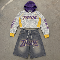 Ensemble sweat à capuche court zippé camouflage et short en jean TaiDe sur mesure, délavage vintage, impression sérigraphiée, bords bruts, OEM ODM, usine de vêtements en gros
