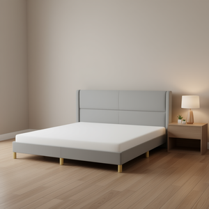 Base de Cama Tapizada con Cabecera en Tela Gris Claro, Diseño Moderno y Minimalista, Tamaño Queen - Product Image 2