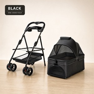 Poussette pliable noire pour animaux de compagnie avec porte-animaux amovible, pliage à une main - Product Image 1