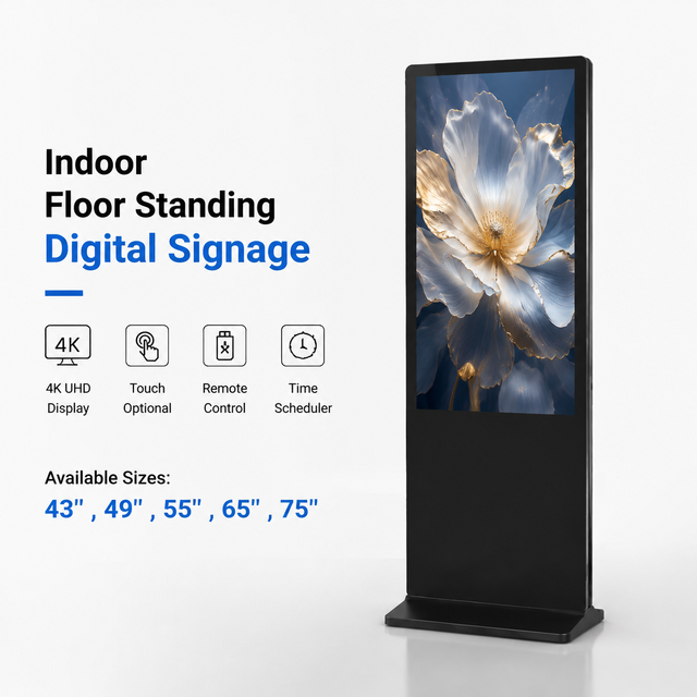 43 49 55 65 75 Inch Indoor Floor Standing 4K IPS Digital Signage LCD Advertising Display with Optional Touch Screen