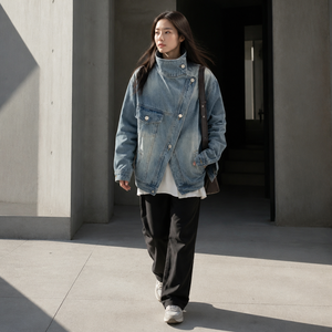 Giacca <span class=keywords><strong>di</strong></span> Jeans Vintage Asimmetrica Eco-Friendly da Donna, Collo Alto, Bottoni, Stile Casual Oversize, Effetto Invecchiato, Streetwear Retrò - Product Image 2
