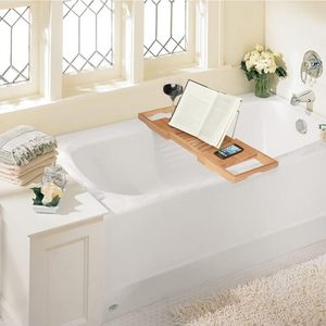 Bamboo Bathtub Rack With Phone Holder And <b>Tablet</b> <b>Stand</b> Telescopic Bathroom Shelf <b>For</b> Bath Tub Support - Product Image 3