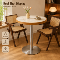 Table de café ronde en pierre frittée, bord en chêne massif, piétement en acier inoxydable, mobilier commercial minimaliste naturel pour café, OEM