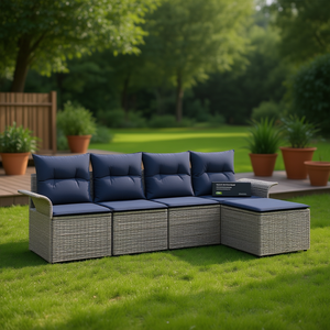 Ensemble de canapés de jardin en polyrotin 5 places gris, mobilier d'extérieur avec coussins, design contemporain - Product Image 2