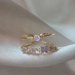 トレンドの18Kリアルゴールドメッキ銅製オープンリング、調節可能なスイートピンクパープルジルコンクリスタルバタフライサクラフラワーリング（女性用） - Product Image 4