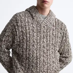 Winter warm langärmelig braun klobig gerippt luxus gestrickt Hoodie Wolle für Herren Pullover