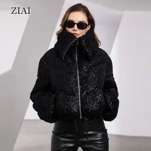Модная теплая блестящая пуховая куртка черная короткая женская стеганая куртка пуховик
