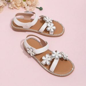 Nuevas Sandalias de Princesa para Niñas - Sandalias Planas de Playa con Pedrería de Cristal y Flores, Suela Suave - Product Image 3