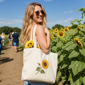 Embroidery <b>Sunflower</b> Canvas Tote Bag Handmade Design Eco Friendly Reusable Custom Wholesale Open <b>Top</b> Shopping Use - Product Image 2