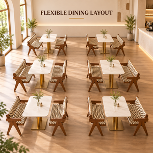 Panca e sedie con struttura a A in legno scuro e cuscini intrecciati, tavolo da pranzo per ristorante con piano in marmo bianco e piedistallo dorato per caffè e bistrot - Product Image 1