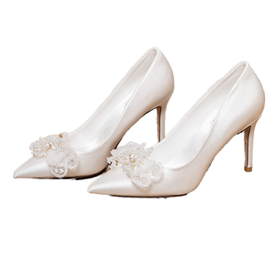 Women's New <b>White</b> Stiletto <b>Heel</b> Dress Sandal <b>Shoes</b> Point Toe Thin High <b>Heels</b> Pearls Bow Breathable Rubber Insole for Outdoor Use - Product Image 1