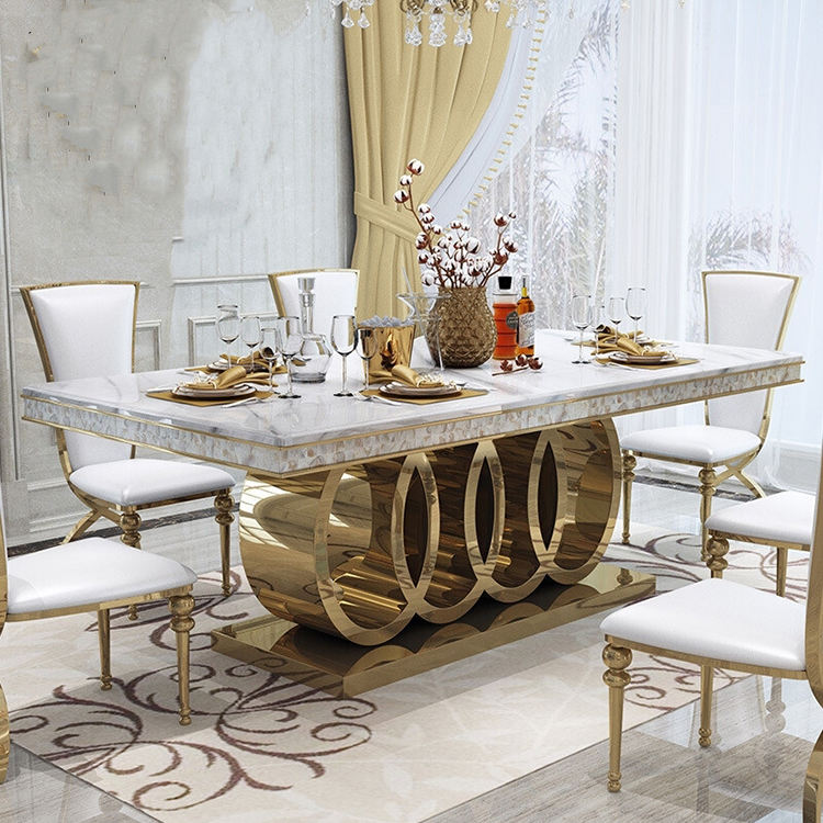 Contemporary UK DUBAI Royal Furniture Italian Design Gold Stainless Steel  Marble Top Rectangle Big Dining Table 10 Seater Set