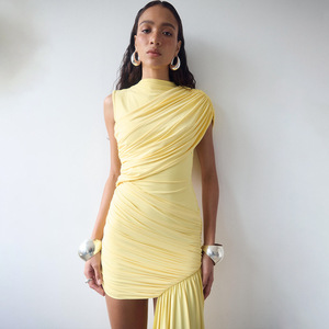 Robe de soirée asymétrique sans manches, coupe ajustée, froncée, col rond, style européen et américain, pour l'été - Product Image 4