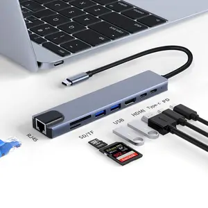 공장 사용자 정의 고품질 은색 8 포트 usb c 유형 usb c 3.0 도킹 허브 mac 책 PD USB 2.0 HDMI SD TF RJ45