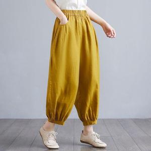 2024 Lente Zomer Nieuwe Polyester Artistieke Dames Elastische Taille Harembroeken Losse Casual Negen-punts Wijde Pijpen Lantaarnbroeken - Product Image 4