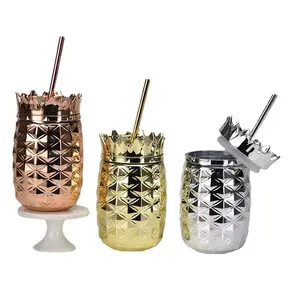 CDHC 24OZ Pineapple Cup with Straw Copper Plated Tumbler hammered plastic cup Bar Ware Kitchen Accessories