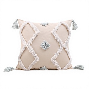 Geometric Square Vintage <b>Throw</b> <b>Pillow</b> Cover Tassels Boho Style Embroidered Cotton Linen Washable Removable Zipper Closure - Product Image 1