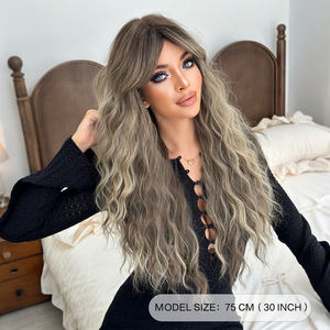 Peluca de Cabello Sintético Largo y Ondulado de 30 Pulgadas, Color Castaño Ceniza con Reflejos Rubio Claro, con Flequillo Cortina, Fibra Resistente al Calor, Aspecto Natural Mate - Product Image 3