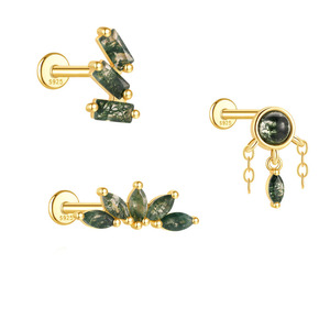 Boucles d'oreilles en argent sterling 925 et or 18 carats avec agate mousse, clous à dos plat, taille baguette, taille marquise, pour piercing cartilage et hélix - Product Image 1