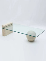 Nouvelle arrivée, meubles de luxe, table basse en marbre, base en travertin, plateau en verre en forme de boule, pieds en marbre, meubles en pierre