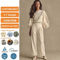 Ensemble 2 pièces en tricot pour femme avec logo personnalisé, haut à manches bouffantes et pantalon large taille haute, tenue de bureau élégante pour femmes, ensemble assorti