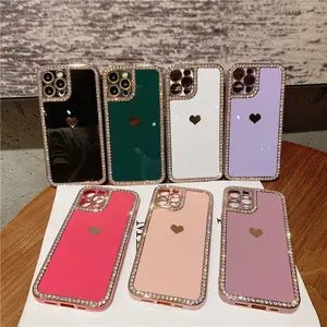 Trending New Ladies Gold Plating Love Heart Bling Glitter Diamond Phone Case for iPhone 11 12 13 14 15 Pro Max