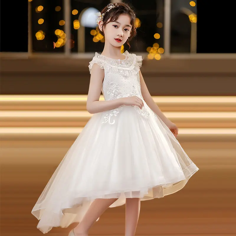 Gaun Pesta Ulang Tahun Putri Sampanye Putih Anak Musim Panas Formal Baru Gaun Pesta Tanpa Lengan Bordir Bunga Gaun Pesta Pernikahan Rok