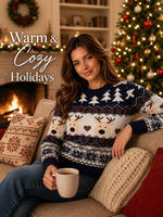 Ensemble de pulls de Noël assortis pour la famille, bleu marine, jacquard renne, tricot festif, personnalisation de marque OEM ODM