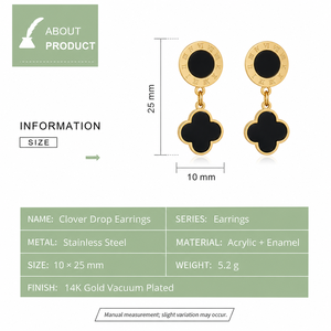 Boucles d'oreilles pendantes trèfle en acier inoxydable plaqué or 14 carats sous vide, émail acrylique noir, bijoux à clous avec chiffres romains - Product Image 3
