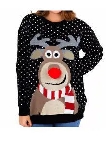 Nanteng Custom Cotton Christmas Elk Three-Dimensional Nose Round Neck Long Sleeves Adult Woman Pullover Christmas Sweater