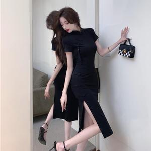 Modern Chinese Style Cheongsam Dress With Frog Buttons Stand Neckline Mid Length Slit Bodycon Evening Dress Breathable - Product Image 2