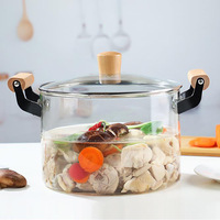 Marmite en verre OEM grande taille, résistante à la chaleur, en verre borosilicate transparent, ensemble de casseroles avec poignée en bois