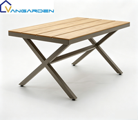 Ensemble table et chaises de jardin d'hôtel en plastique, bois et aluminium, résistant à l'eau et aux UV, couleur teck, style moderne