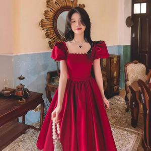 Burgundy A-Line Satin Wedding Dress Square Collar Natural Waist Vintage Princess Gown Long Length - Product Image 2