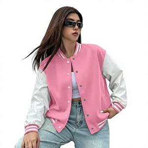 Blouson universitaire pour femme en laine et cuir blanc et violet, écologique, doublé polaire chauffant, imprimé lettres, col en V, manches longues, hiver - Product Image 1