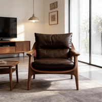 Fauteuil de loisir en bois massif, fauteuil lounge en cuir véritable, style design, salon, hôtel, balcon, canapé simple de luxe